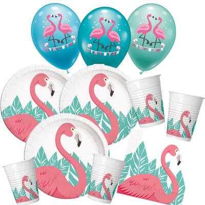 58-teiliges Party-Set Flamingo - Teller Becher Servietten Luftballons für 16 Personen