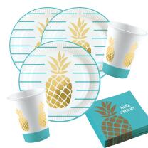 36-teiliges Party-Set Pineapple Vibes - Ananas - Teller Becher Servietten für 8 Personen