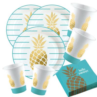 52-teiliges Party-Set Pineapple Vibes - Ananas - Teller Becher Servietten für 16 Personen