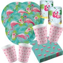 57-teiliges Party-Set Flamingo Paradise - Teller Becher Servietten Mini Tischlichter für 16 Personen