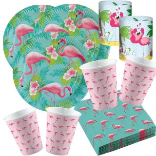 57-teiliges Party-Set Flamingo Paradise - Teller Becher Servietten Mini Tischlichter für 16 Personen