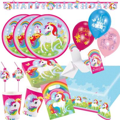 68-teiliges Party-Set Einhorn (Amscan) - Unicorn - Teller Becher Servietten Tischdecke Girlande Einladung Partytüten Trinkhalme Luftballons für 8 Kinder