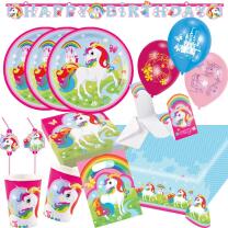 68-teiliges Party-Set Einhorn (Amscan) - Unicorn - Teller Becher Servietten Tischdecke Girlande Einladung Partytüten Trinkhalme Luftballons für 8 Kinder