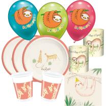 47-teiliges Party-Set Safari Faultier Giraffe Gepard - Teller Becher Servietten Luftballons Mini Tischlichter für 8 Personen