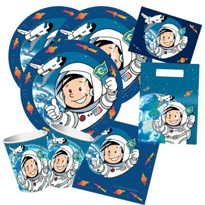 52-teiliges Party-Set Astronaut Flo - Teller Becher Servietten Einladungen Partytüten für 8 Kinder