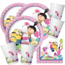 52-teiliges Party-Set Minions - Einhorn Fluffy - Teller Becher Servietten für 16 Kinder