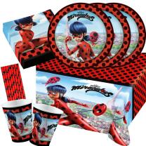 45-teiliges Party-Set Miraculous Ladybug - Teller Becher Servietten Tischdecke Trinkhalme für 8 Kinder