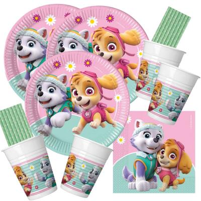 68-teiliges Party-Set Paw Patrol Skye Everest - Teller Becher Servietten Trinkhalme für 16 Kinder