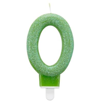 Zahlenkerze Kuchenkerze glitter - 7,6 cm -  mit Steckfuß - Auswahl 0 grün