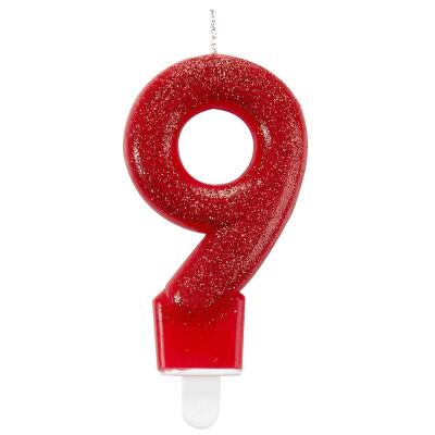 Zahlenkerze Kuchenkerze glitter - 7,6 cm -  mit Steckfuß - Auswahl 9 rot