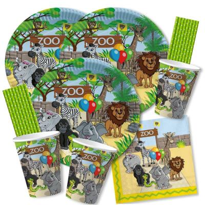 68-teiliges Party-Set - Zoo-Tiere - Teller Becher Servietten  Trinkhalme für 16  Kinder