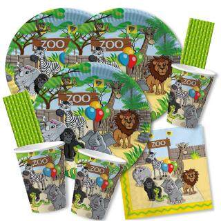 68-teiliges Party-Set - Zoo-Tiere - Teller Becher Servietten  Trinkhalme für 16  Kinder