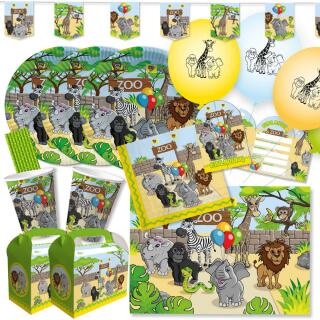 71-teiliges Party-Set - Zoo-Tiere  - Teller Becher Servietten Platzsets Einladungen Girlande Trinkhalme Geschenkebox  für 6 - 8  Kinder