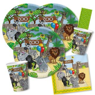 71-teiliges Party-Set - Zoo-Tiere  - Teller Becher Servietten Platzsets Einladungen Girlande Trinkhalme Geschenkebox  für 6 - 8  Kinder