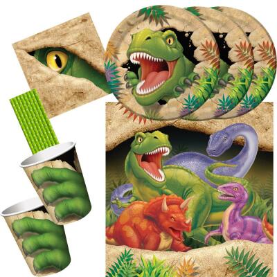 41-teiliges Party-Set Dinosaurier - Dino - Alarm - Teller Becher Servietten klein Tischdecke Trinkhalme für 8 Kinder