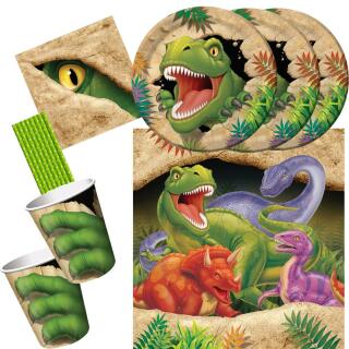 41-teiliges Party-Set Dinosaurier - Dino - Alarm - Teller Becher Servietten klein Tischdecke Trinkhalme für 8 Kinder