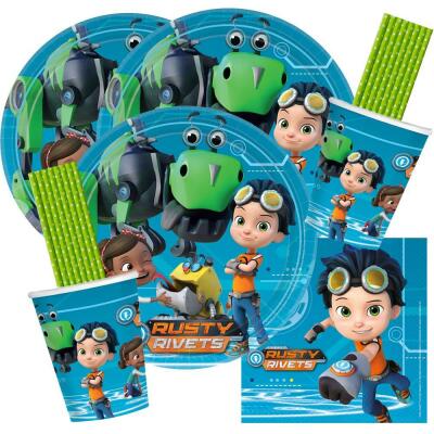 64-teiliges Party-Set Rusty Rivets - Teller Becher Servietten Trinkhalme für 16 Kinder