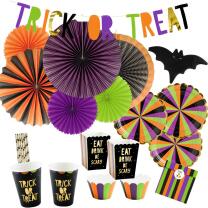 99-teiliges Party-Set Halloween Hocus Pocus - Fledermaus - Teller Becher Servietten Trinkhalme Girlande, Rosetten, Tüten Cupcake Popcorn-Becher  für 12 Personen