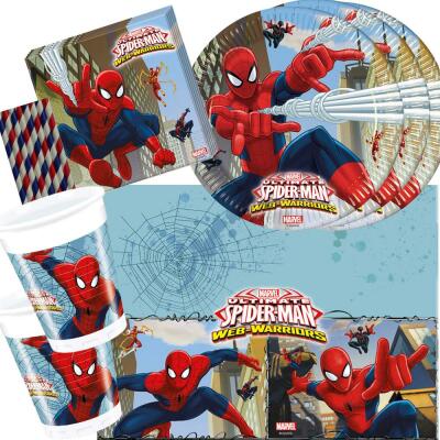 45-teiliges Party-Set Spiderman Web Warriors - Teller Becher Servietten Tischdecke Trinkhalme für 8 Kinder