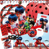 72-teiliges Party-Set Miraculous Ladybug - Teller Becher Servietten Trinkhalme Einladungen Girlande Tüten Tischdecke Masken Luftballons   für 6 - 8 Kinder