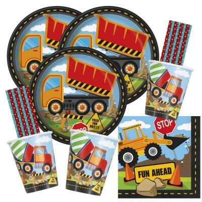 64-teiliges Party-Set Baufahrzeuge - Baustelle - Teller Becher Servietten Trinkhalme  für 16 Kinder