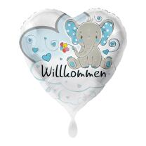 Folienballon Herz 43 cm -Willkommen - Elefant blau ohne...