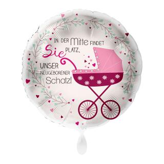 Folienballon 43 cm - Kinderwagen Mädchen - In der Mitte findet Platz unser neugeborener Schatz!