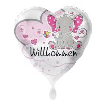 Folienballon Herz 43 cm - Elefant Willkommen - rosa