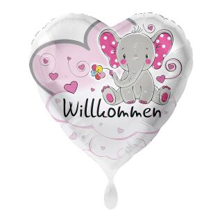 Folienballon Herz 43 cm - Elefant Willkommen - rosa ohne Helium-Füllung