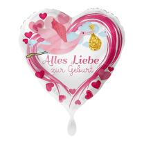 Folienballon Herz 43 cm - Alles Liebe zur Geburt Storch pink