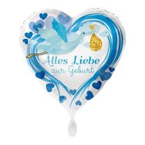 Folienballon Herz 43 cm - Alles Liebe zur Geburt Storch blau