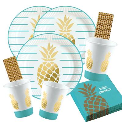 68-teiliges Party-Set Pineapple Vibes - Ananas - Teller Becher Servietten Trinkhalme  für 16 Personen