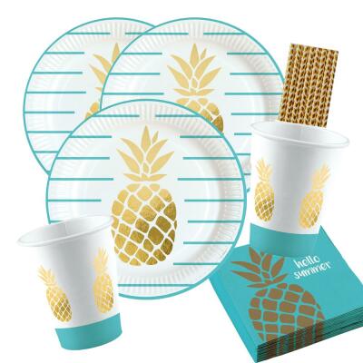 44-teiliges Party-Set Pineapple Vibes - Ananas - Teller Becher Servietten Trinkhalme  für 8 Personen