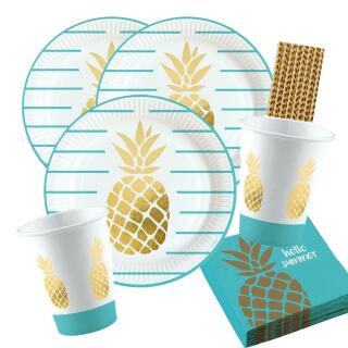 44-teiliges Party-Set Pineapple Vibes - Ananas - Teller Becher Servietten Trinkhalme  für 8 Personen