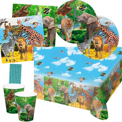 45-teiliges Party-Set - wilde Tiere - Safari  - Löwe, Zebra, Giraffe, Elefant - Teller Becher Servietten Tischdecke Trinkhalme für 8 Kinder
