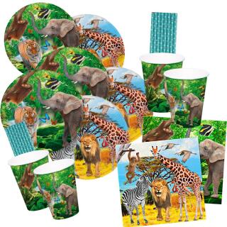 68-teiliges Party-Set - wilde Tiere - Safari  - Löwe, Zebra, Giraffe, Elefant - Teller Becher Servietten Trinkhalme für 16 Kinder