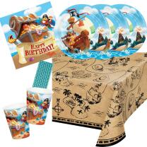 41-teiliges Party-Set - Pirat - Piratenschiff Happy Birthday -Teller Becher Servietten Tischdecke Trinkhalme  für 8 Kinder