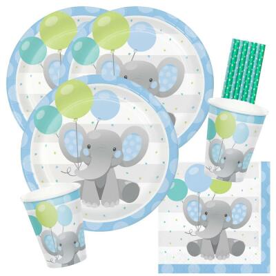 40-teiliges Party-Set Bezaubernder Elefant blau Teller Becher Servietten Trinkhalme für 8 Kinder