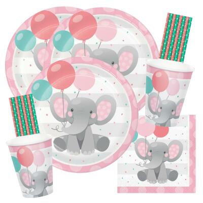 64-teiliges Party-Set Bezaubernder Elefant rosa Teller Becher Servietten Trinkhalme für 16 Kinder