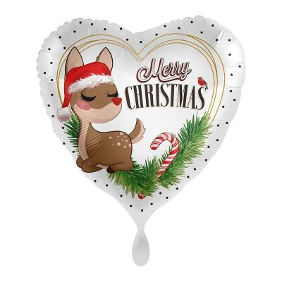 Folienballon Herz 43 cm - Merry Christmas - Rehkitz mit Weihnachtsmütze