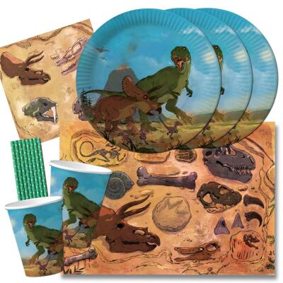 50-teiliges Party-Set - Dinosaurier - Teller Becher Servietten Platzsets Papiertrinkhalme für 6 - 8 Kinder