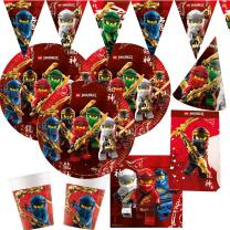 59-teiliges Party-Set Lego Ninjago - Teller Becher Servietten Wimpelkette Partytüten Papiertrinkhalme Hütchen für 6 - 8 Kinder