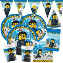 59-teiliges Party-Set Lego City - Teller Becher Servietten Wimpelkette Partytüten Papiertrinkhalme Hütchen für 6 - 8 Kinder