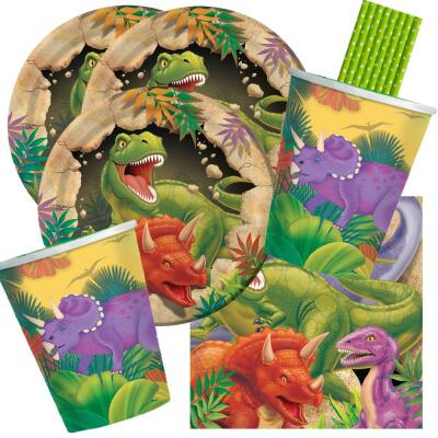 40-teiliges Party-Set Dinosaurier - Dino - Alarm - Teller klein Becher Servietten Trinkhalme für 8 Kinder