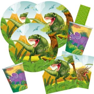 44-teiliges Party-Set Dinosaurier - Dino - Teller Becher Servietten Trinkhalme für 8 Kinder