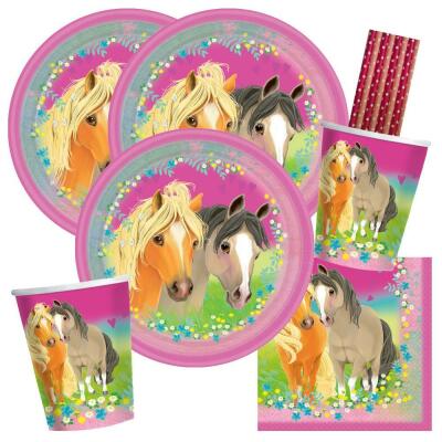 44-teiliges Party-Set Pferde - Pretty Pony - Teller Becher Servietten Trinkhalme für 8 Kinder