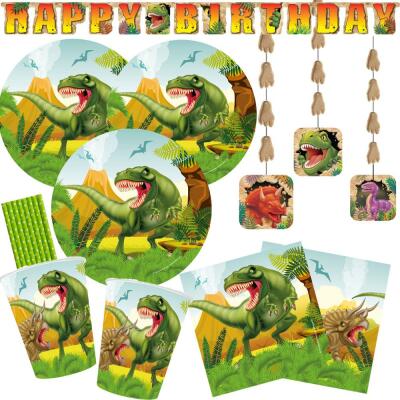 46-teiliges Party-Set Dinosaurier - riesiger Dino - Teller Becher Servietten Girlande Hängedeko Trinkhalme für 8 Kinder