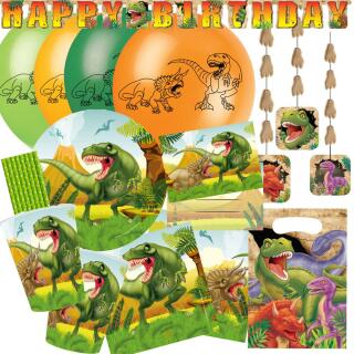 70-teiliges Party-Set Dinosaurier - riesiger Dino - Teller Becher Servietten Girlande Hängedeko Einladungen Tüten Luftballons Trinkhalme für 8 Kinder