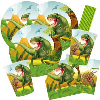 70-teiliges Party-Set Dinosaurier - riesiger Dino - Teller Becher Servietten Girlande Hängedeko Einladungen Tüten Luftballons Trinkhalme für 8 Kinder
