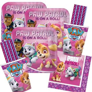 68-teiliges Party-Set Paw Patrol pink - Teller Becher Servietten Trinkhalme für 16 Kinder